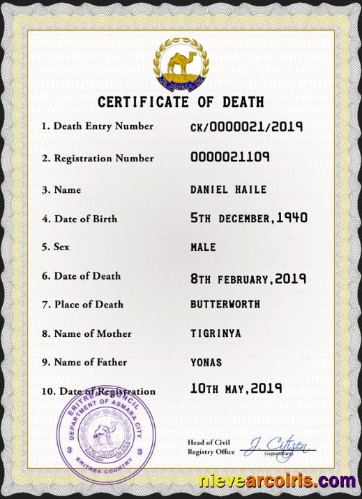 Eritrea vital record death certificate